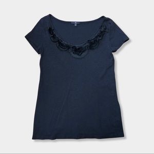 Gap Navy Blue Chiffon Flower Floral Ruffle Collar Scoop Neck T-Shirt Tee Top M